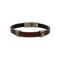 Bracelet cuir de bovin et fil de coton noir, éléments et fermoir acier noir