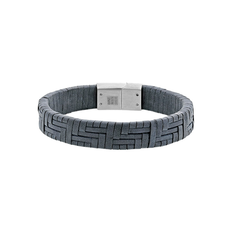 Bracelet cuir de bovin gris motif tressé, fermoir magnétique acier