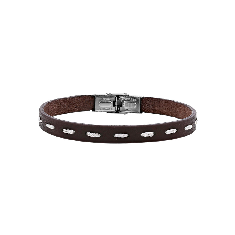 Bracelet cuir de bovin marron avec fil de coton blanc, fermoir acier