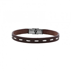 Bracelet cuir de bovin marron avec fil de coton blanc, fermoir acier