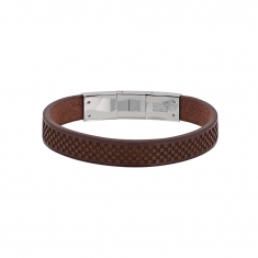 Bracelet cuir de bovin marron clair motif damier et fermoir acier