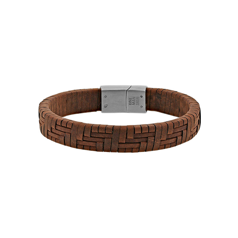 Bracelet cuir de bovin marron motif tressé, fermoir magnétique acier