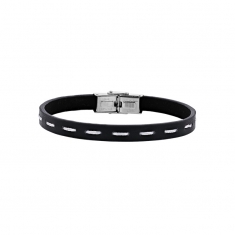 Bracelet cuir de bovin noir avec fil de coton blanc, fermoir acier