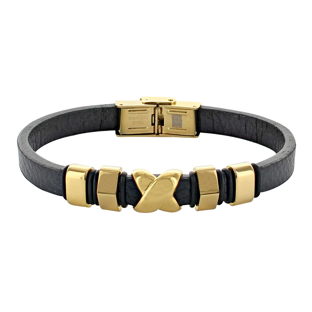 Bracelet cuir de bovin noir et acier doré avec une croix