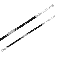 Bracelet cuir de bovin noir et ancre marine, argent 925/1000 platiné
