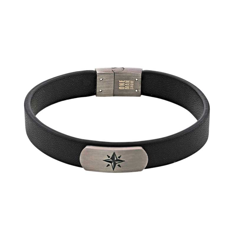 Bracelet cuir de bovin noir et plaque acier patiné étoile, fermoir magnétique