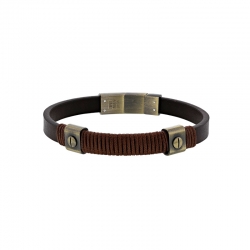 Bracelet cuir de bovin noir, fil de coton marron, éléments et fermoir acier aspect bronze