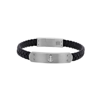 Bracelet cuir de bovin noir, plaque acier ancre marine, fermoir réglable