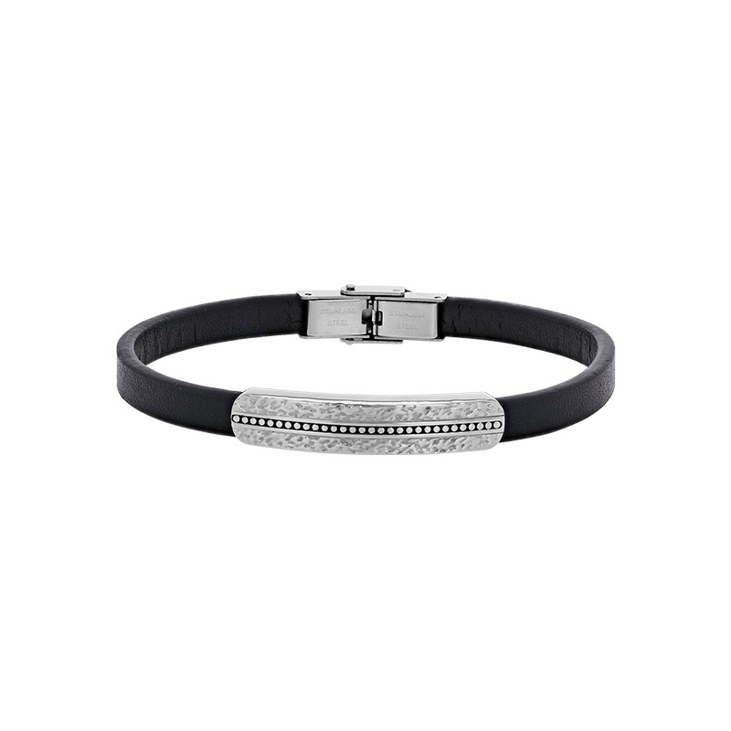 Bracelet cuir de bovin noir, plaque arrondie acier aspect martelé