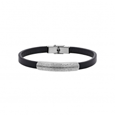 Bracelet cuir de bovin noir, plaque arrondie acier aspect martelé