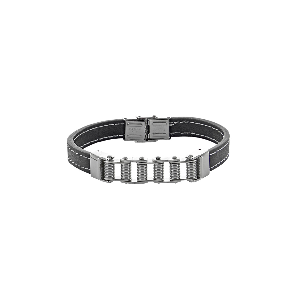 Bracelet cuir de bovin noir, rouleaux acier gris et acier gris
