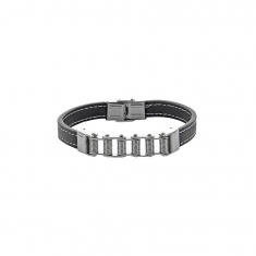Bracelet cuir de bovin noir, rouleaux acier gris et acier gris