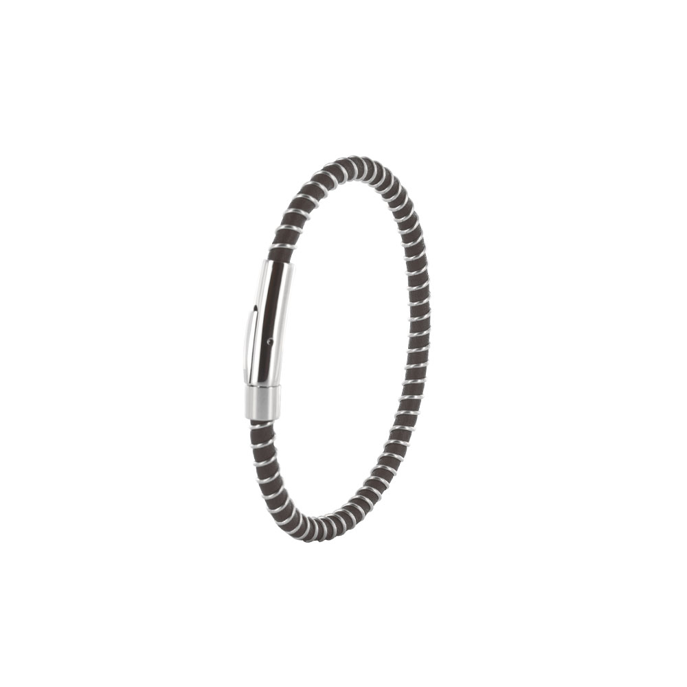 Bracelet cuir de bovin nubuck finition pigmentée marron et acier