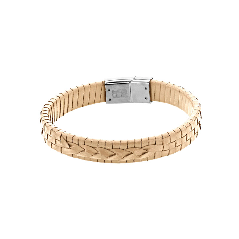 Bracelet cuir de bovin tissé beige, fermoir magnétique acier