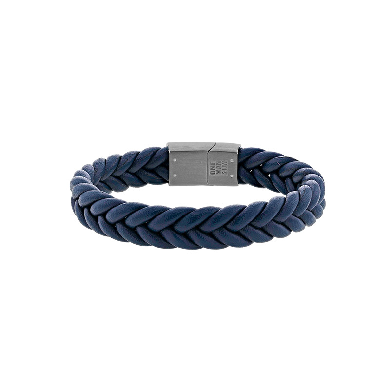 Bracelet cuir de bovin tressé épais bleu marine et fermoir magnétique acier