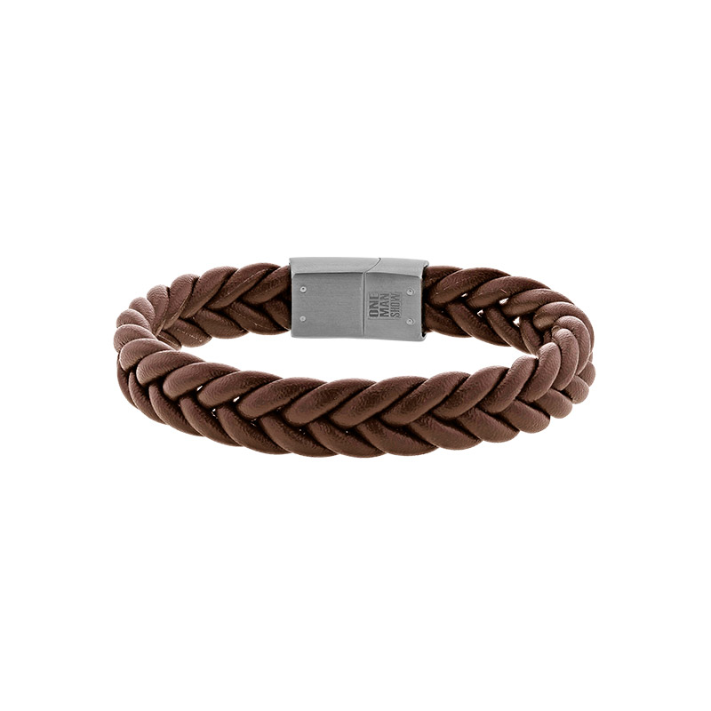 Bracelet cuir de bovin tressé épais marron et fermoir magnétique acier