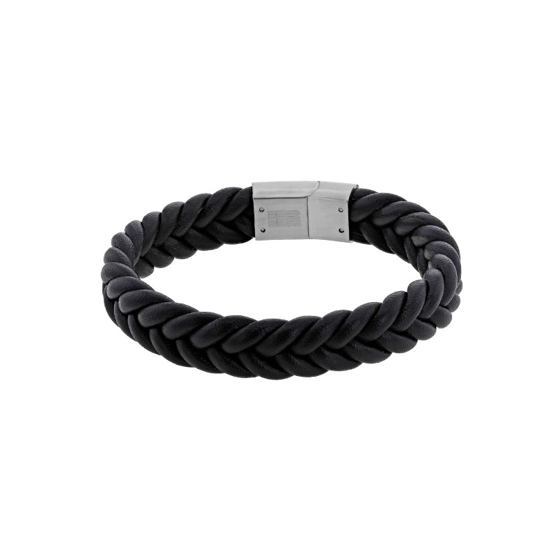 Bracelet cuir de bovin tressé épais noir et fermoir magnétique acier