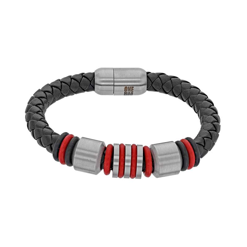 Bracelet Cuir de bovin tressé finition nubuck noir fermoir Acier anneaux Caoutchouc rouge et noir