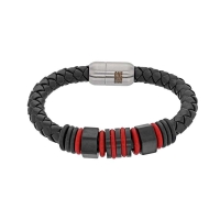 Bracelet cuir de bovin tressé finition nubuck noir fermoir en Acier et anneaux Caoutchouc rouge