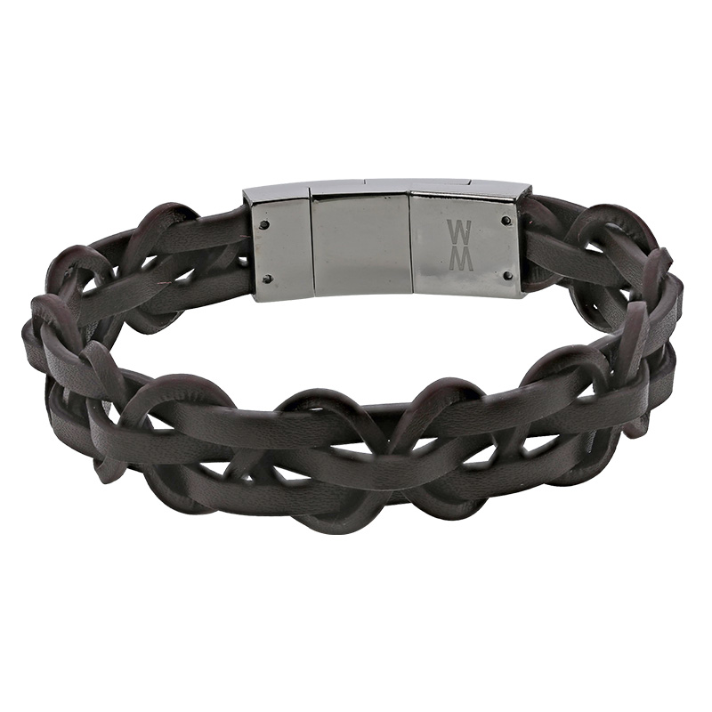Bracelet cuir de bovin tressé marron en acier