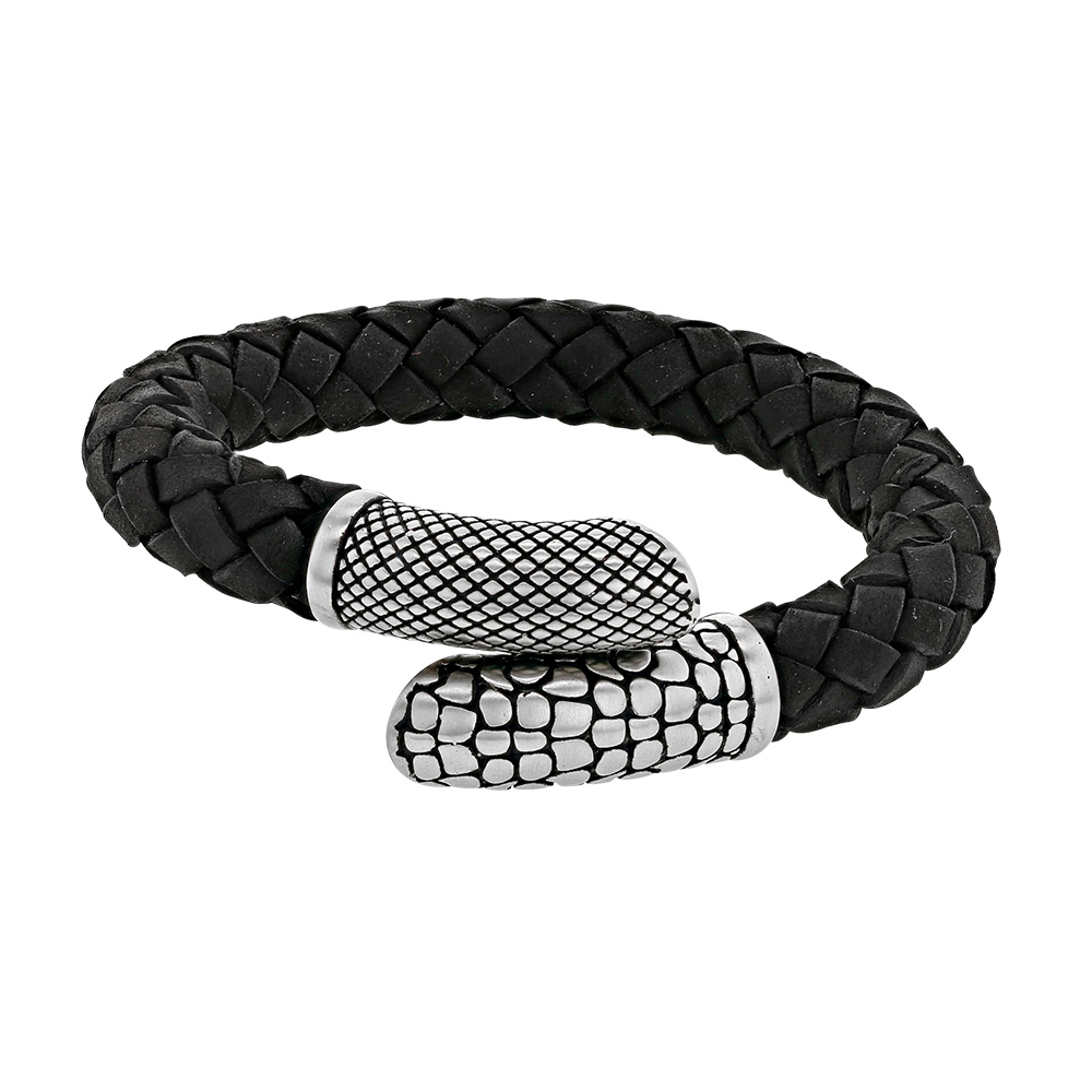 Bracelet Cuir de bovin tressé noir et acier mat flexible