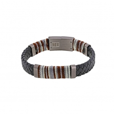 Bracelet cuir de bovin tressé noir et fils coton blanc/marron/gris, acier vieilli