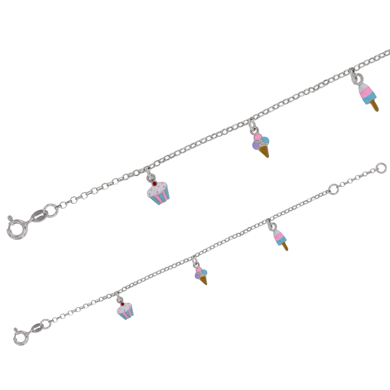 Bracelet cupcake et glaces pampilles en argent 925/1000 rhodié et émail