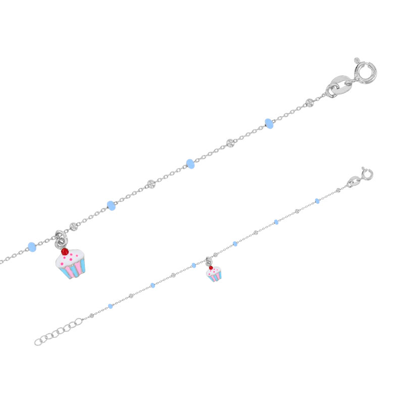 Bracelet cupcake pampille, boules émaillées bleu clair, argent 925/1000 rhodié