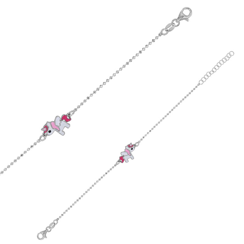 Bracelet diamanté licorne émail blanc et rose en argent 925/1000 rhodié