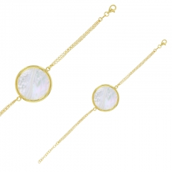 Bracelet double chaîne, rond en nacre diam. 25mm, argent 925/1000 doré