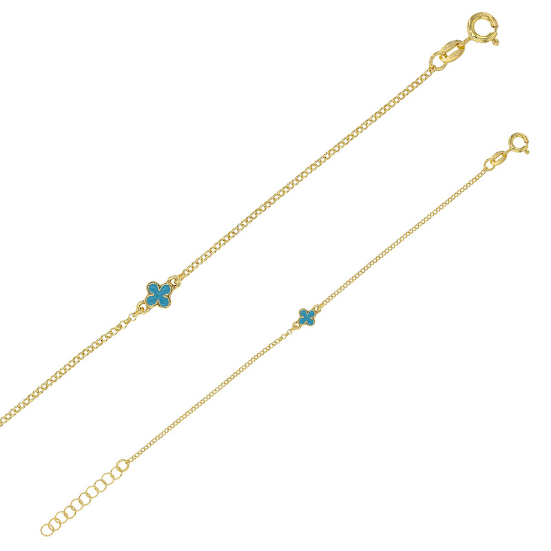 Bracelet DOUBLE-FACE trèfle en émail à chaud bleu turquoise et argent 925/1000 doré