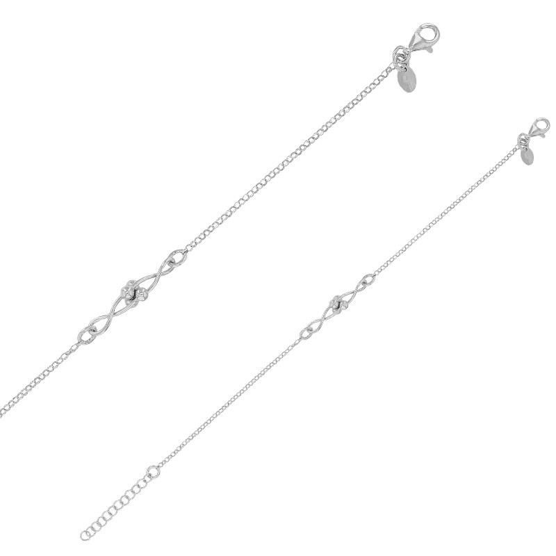 Bracelet double infini et boules maille jaseron, argent 925/1000 rhodié