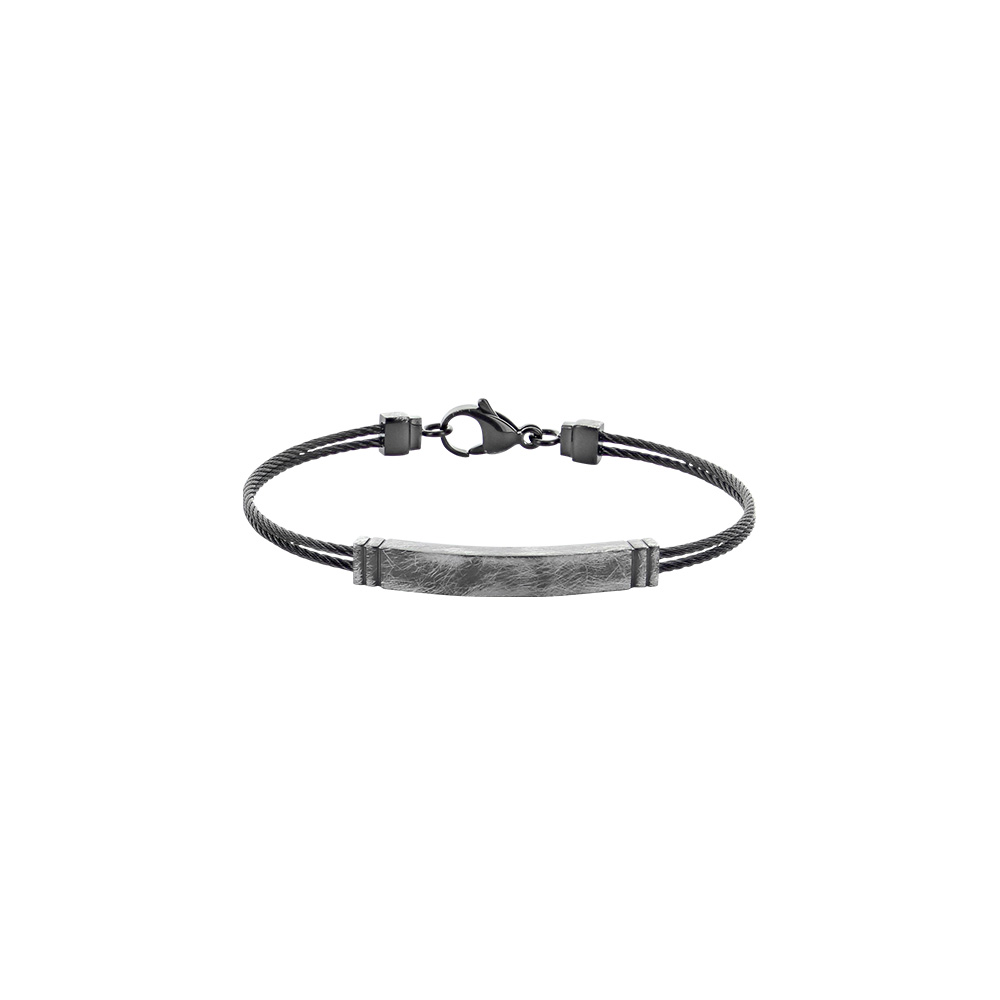 Bracelet double petit câble noir orné d'un rectangle en acier