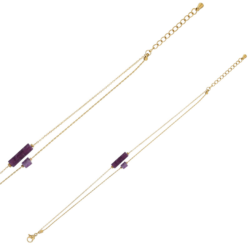 Bracelet double rang, cube et cylindre agate noir, acier doré