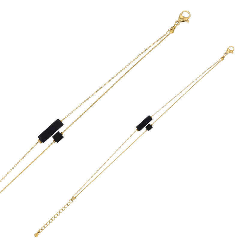 Bracelet double rang, cube et cylindre agate noir, acier doré