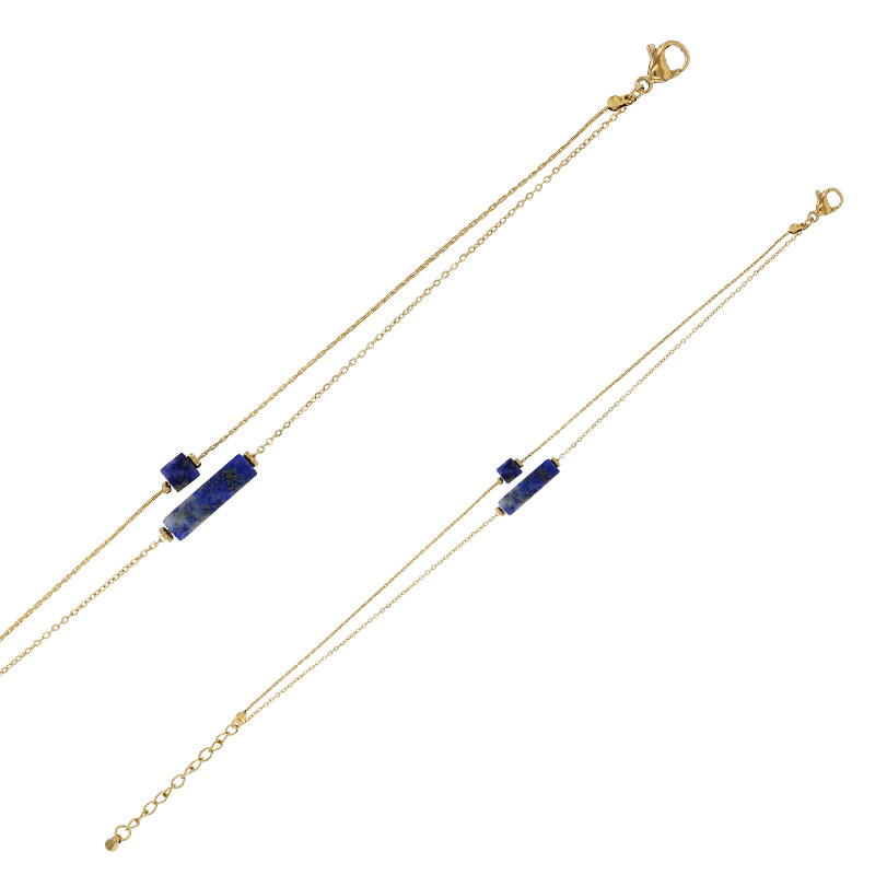 Bracelet double rang, cube et cylindre agate noir, acier doré