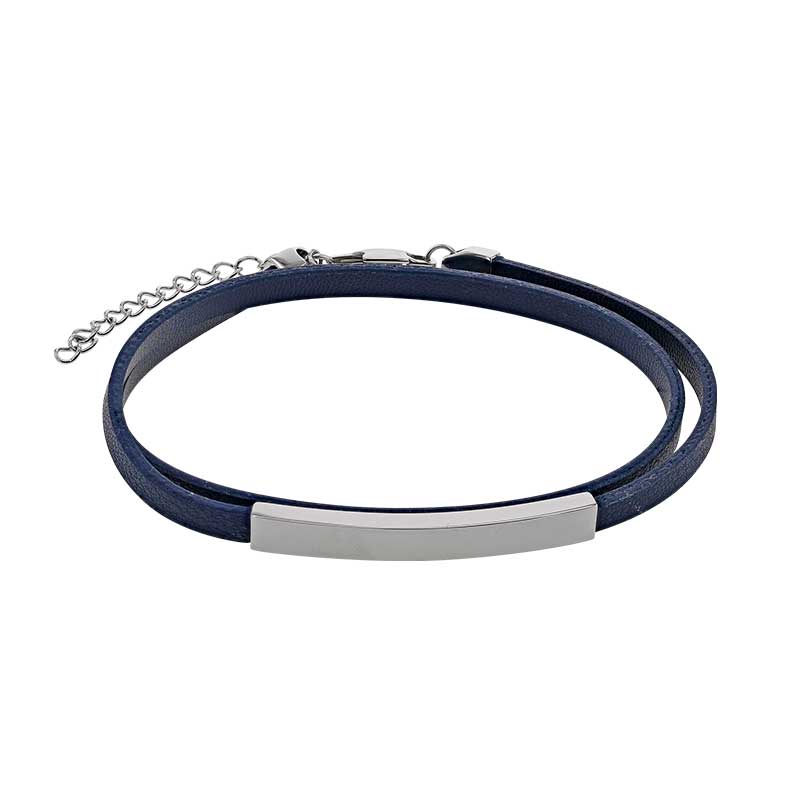 Bracelet double tour cuir de bovin bleu marine, plaque et fermoir acier