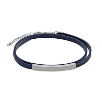 Bracelet double tour cuir de bovin bleu marine, plaque et fermoir acier