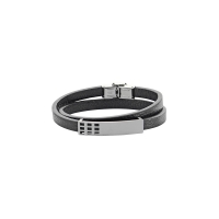 Bracelet double tour noir cuir de bovin orné d'une plaque en acier gris