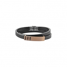 Bracelet double tour noir cuir de bovin orné d'une plaque en acier gris