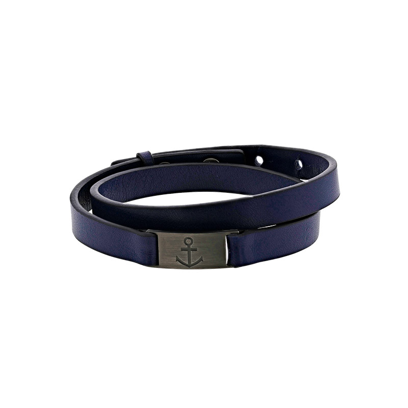 Bracelet double tour plaque ancre marine acier vieilli, cuir de bovin bleu marine