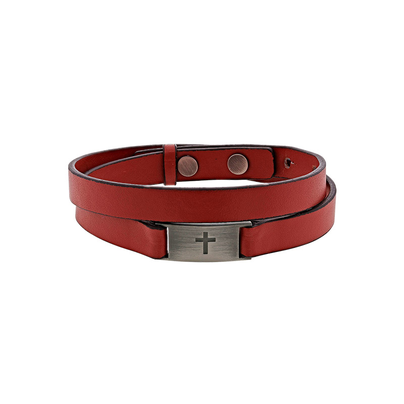 Bracelet double tour plaque Croix du Christ acier vieilli, cuir de bovin rouge