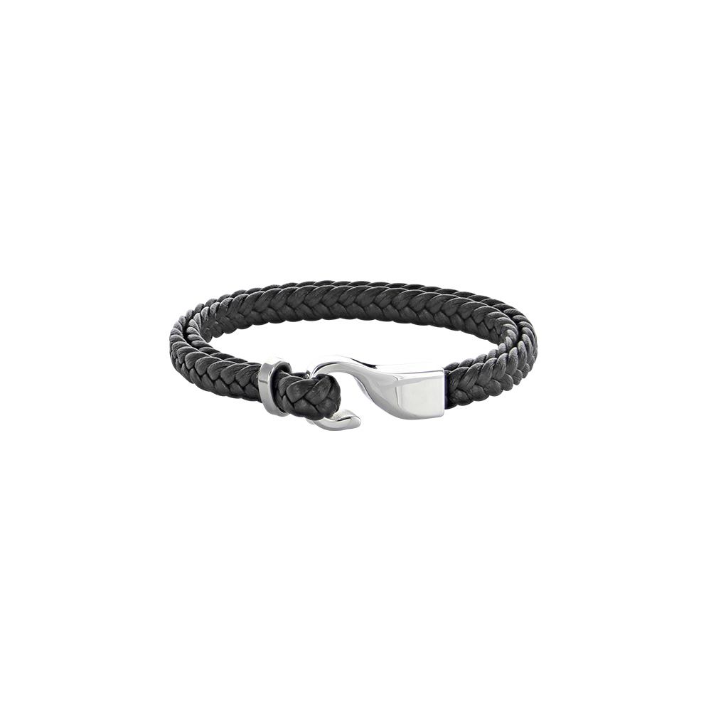 Bracelet double tresse noir en cuir de bovin et acier