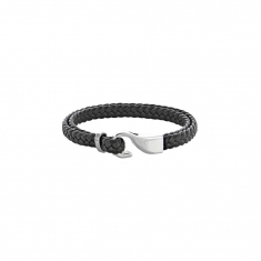 Bracelet double tresse noir en cuir de bovin et acier