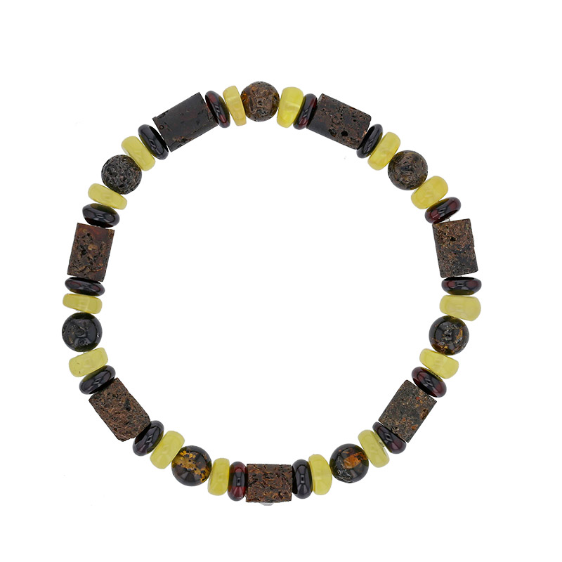 Bracelet élastique avec cylindres noirs non polis et cylindres d'ambres miel et cerise polis