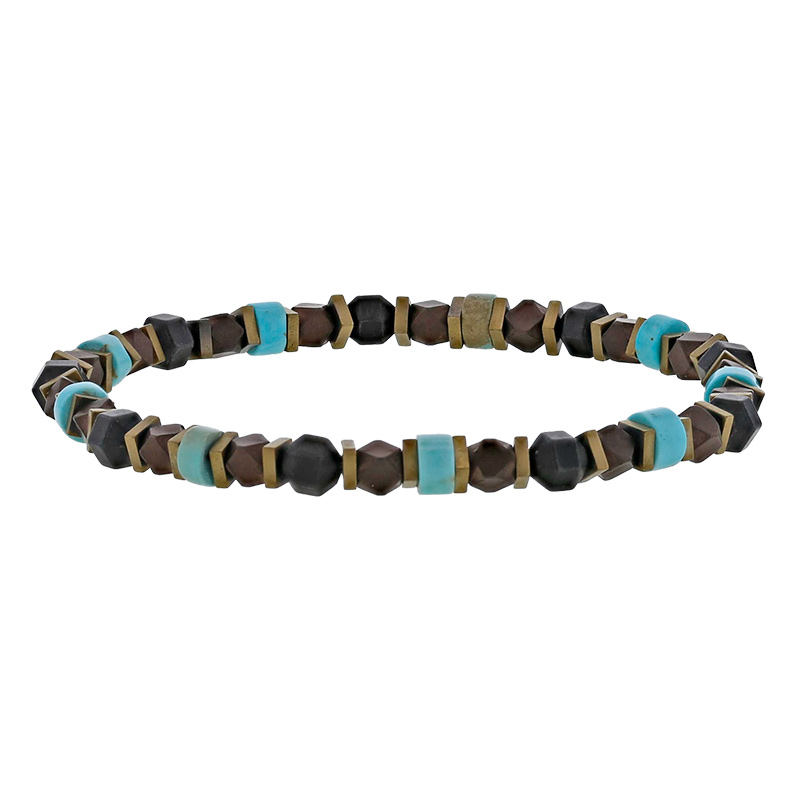 Bracelet élastique avec hématite et magnésites plates et en boules, en doré et bleu