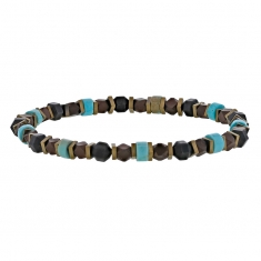 Bracelet élastique avec hématite et magnésites plates et en boules, en doré et bleu