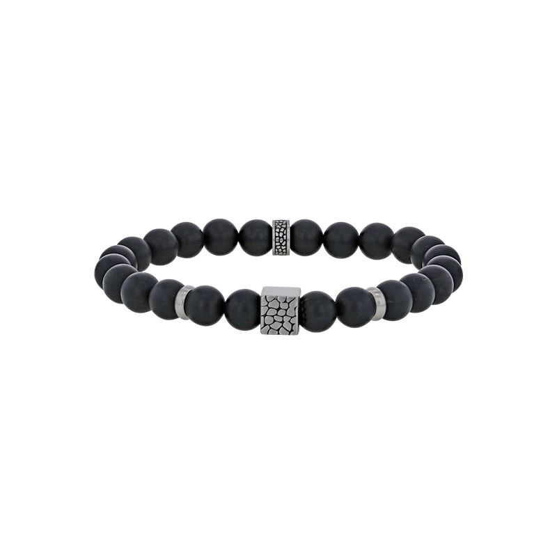 Bracelet élastique boules Agate noire, perles acier ronde et carrée motif reptile