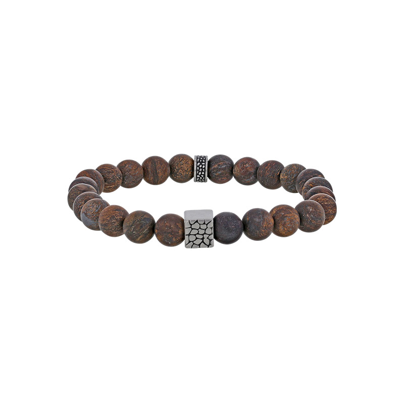 Bracelet élastique boules en Agate noire et perles ronde et carrée acier motif reptile