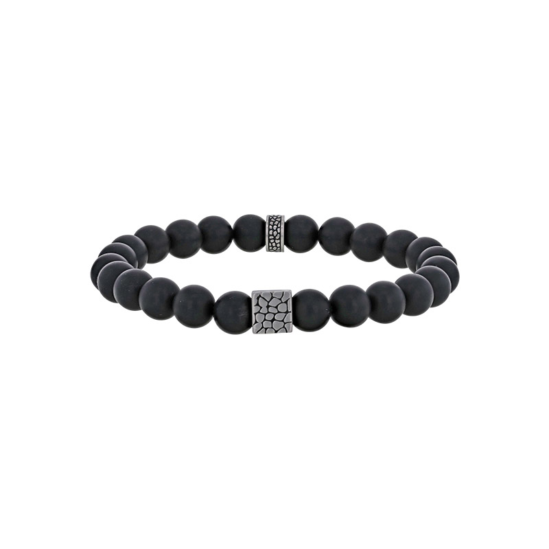 Bracelet élastique boules en Agate noire et perles ronde et carrée acier motif reptile
